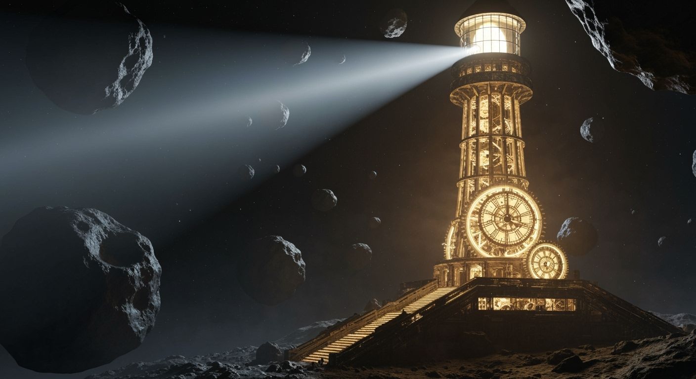 Cosmic Lighthouse Amidst Asteroids: Sci-Fi Art