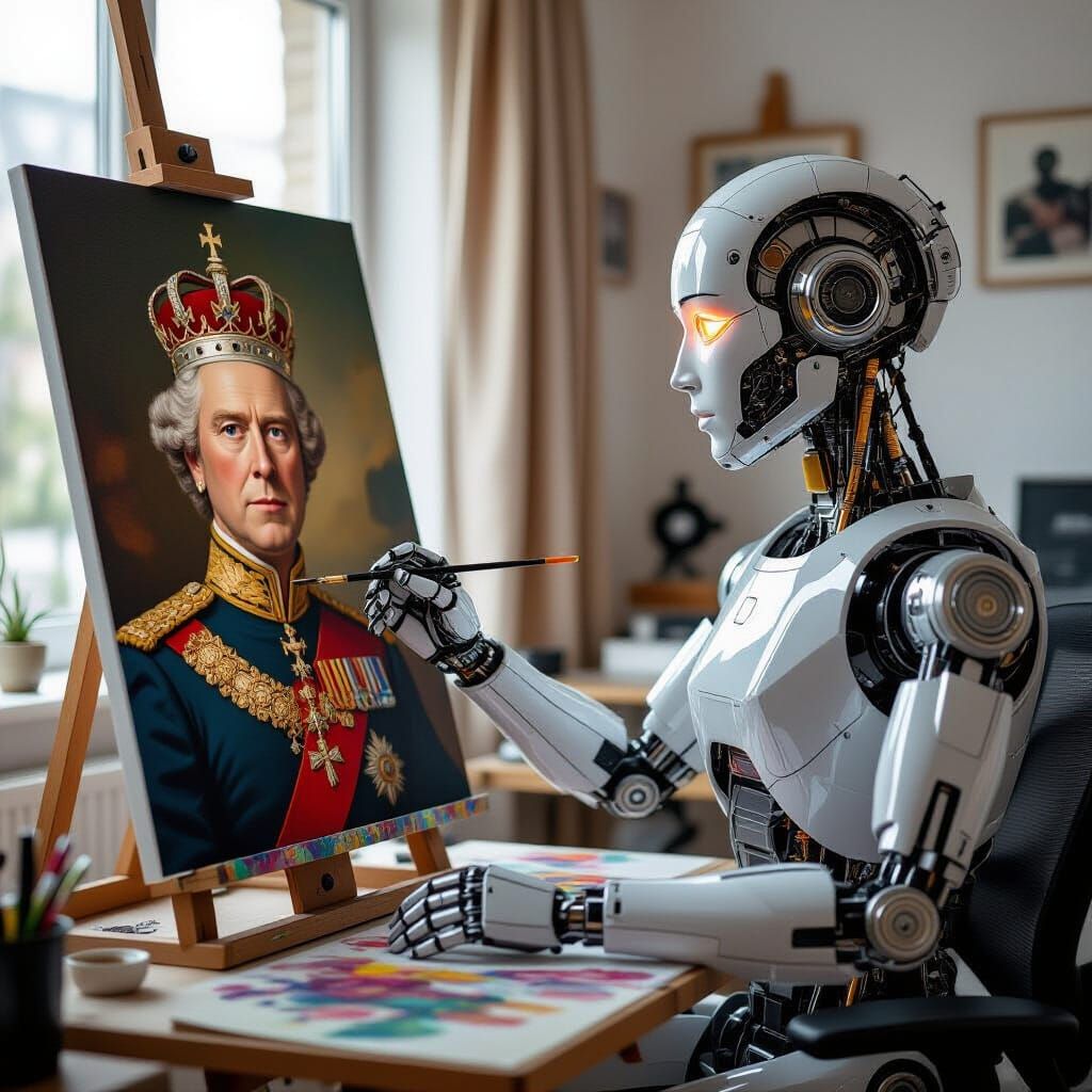 Robot Artist Ai-Da Paints King Charles Portrait