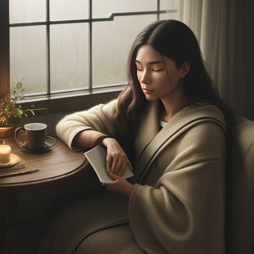 A rainy night viewed through a window, with a cozy nook and a pet curled up nearby.