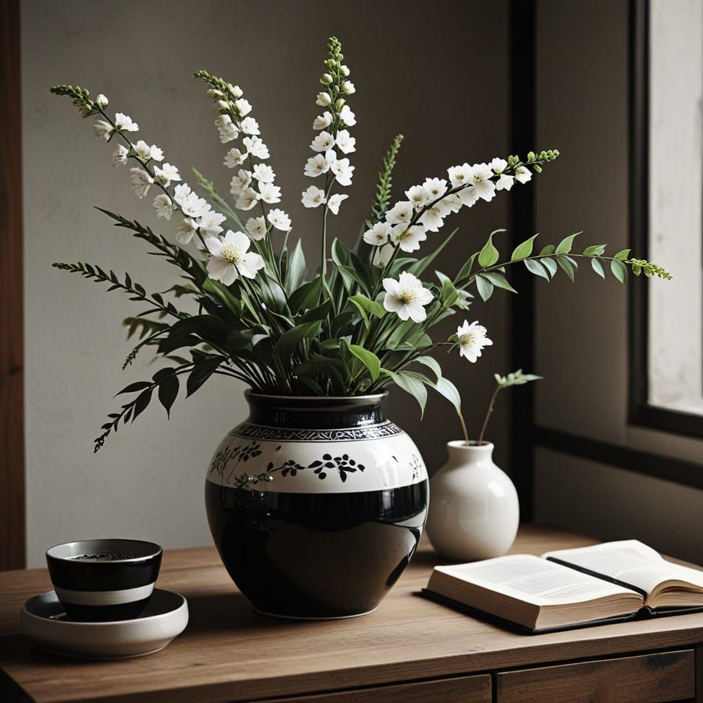 Retro Floral Still Life in Black and White