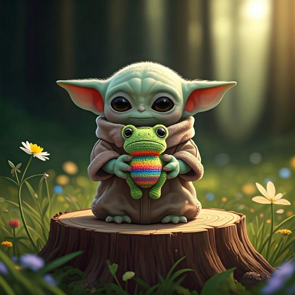 Grogu Cradles Frog Anigurumi in Kawaii Forest