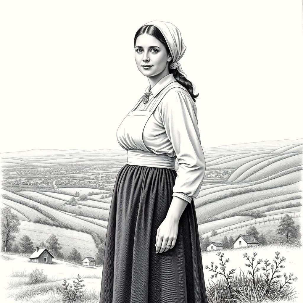 Mennonite Woman in Black and White Engraving Style
