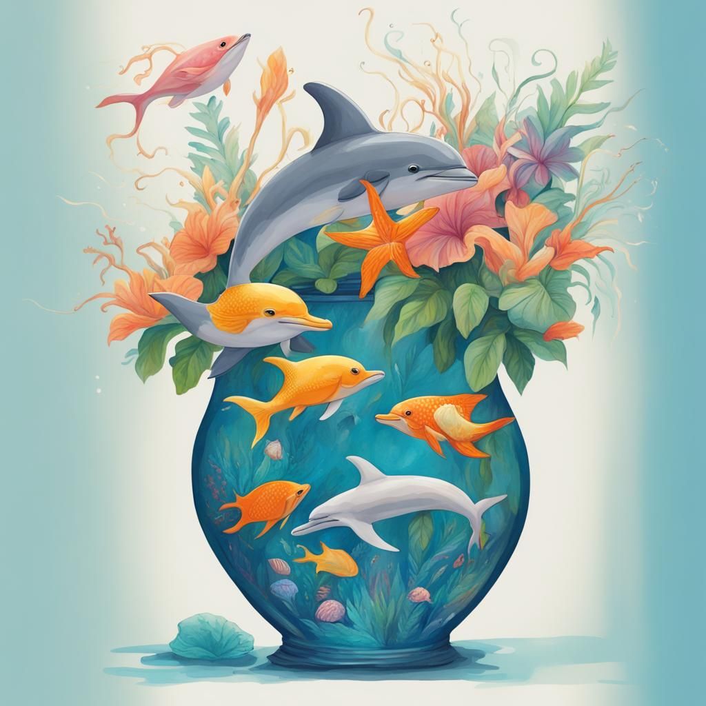 Dolphins and Fish Seascape in Gouache Concept Art