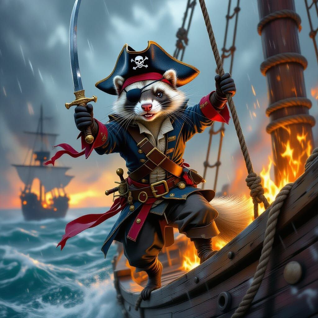Ferret Pirate Swings Over Burning Ship