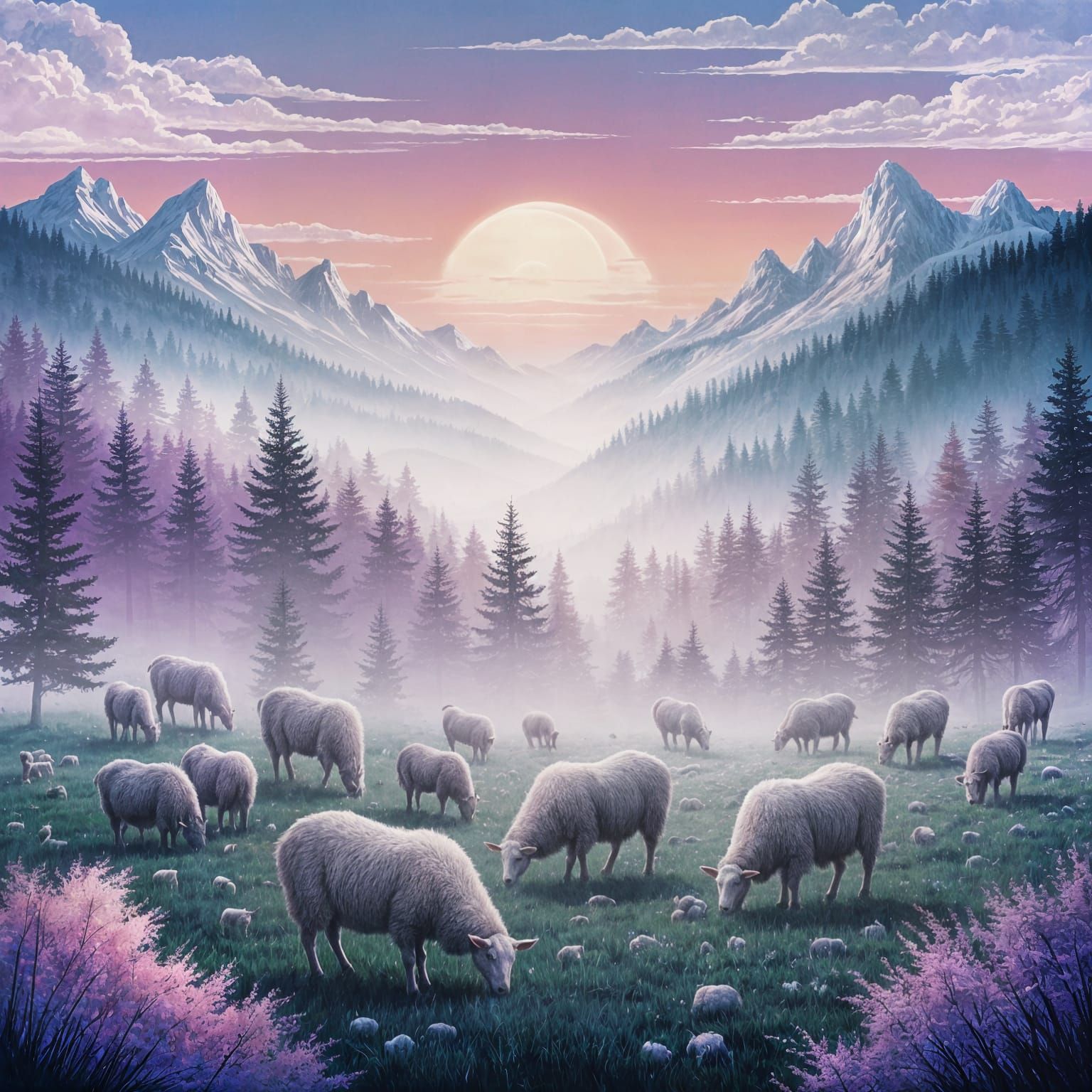 Surreal Mountain Valley with Grazing Sheep in Ethereal Light