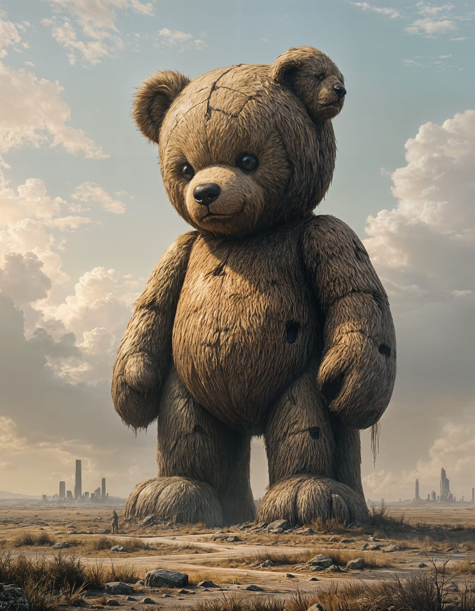 Colossal Teddy Bear Statue in Melancholic Wasteland