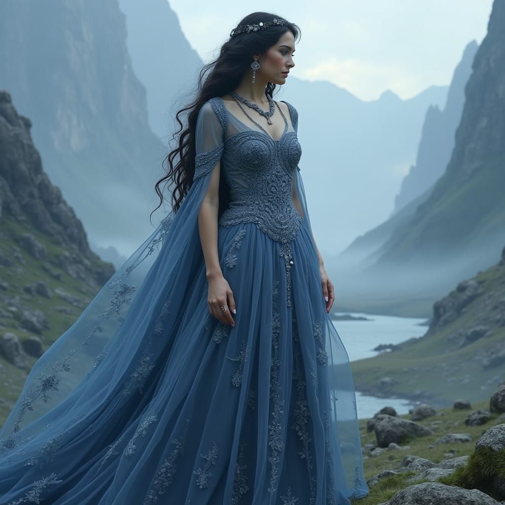 Mystical Aes Sedai in Lavish Silver-Blue Gown