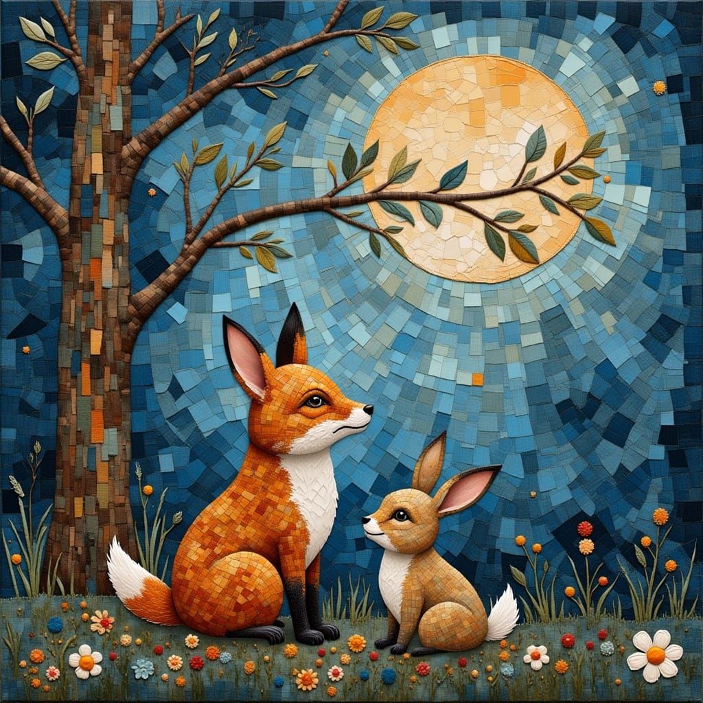 Impasto Patch Fox and Bunny Under Quilted Moonlit Tree