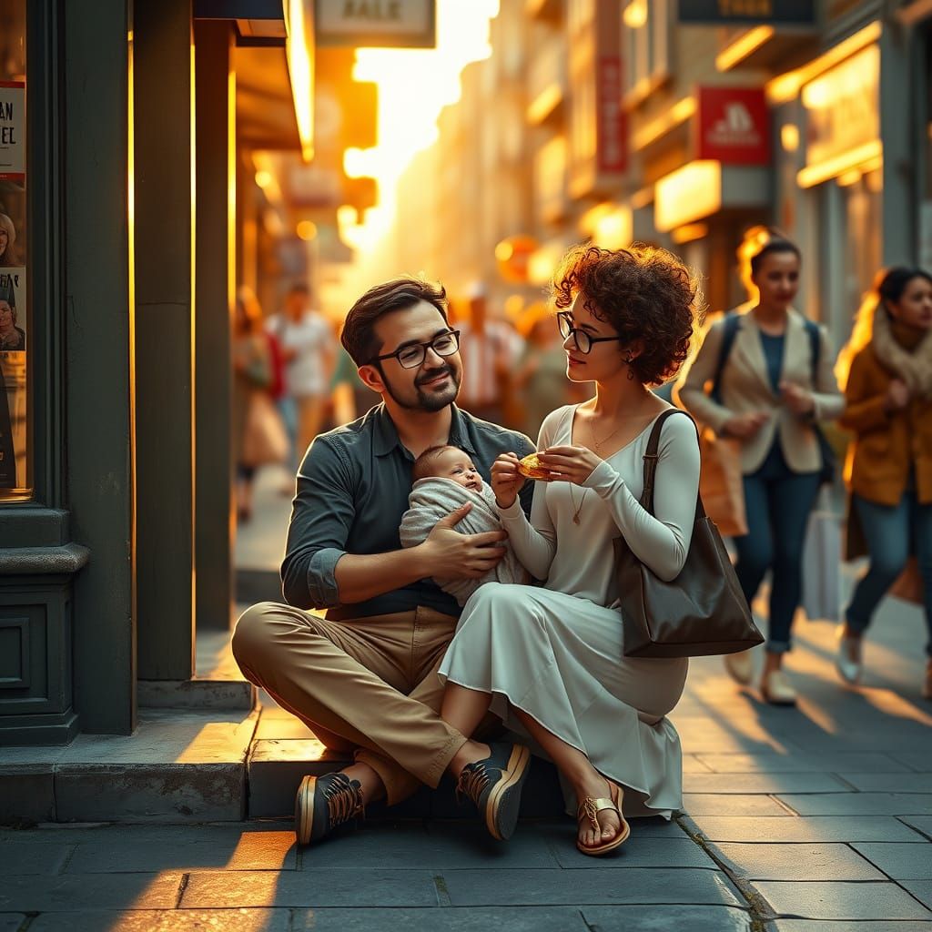 Peaceful Sunset Scene with Couple and Baby