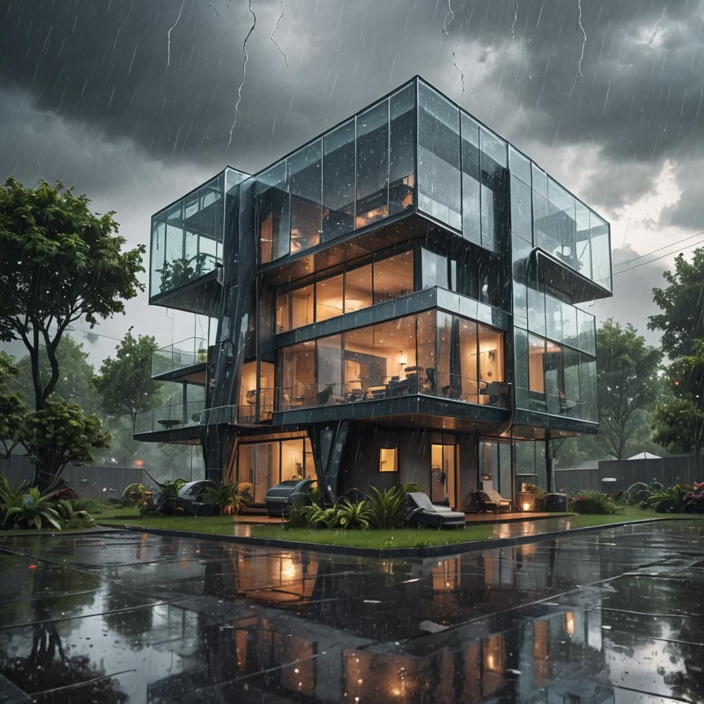 Futuristic Glass House in Rainy Lightning Storm