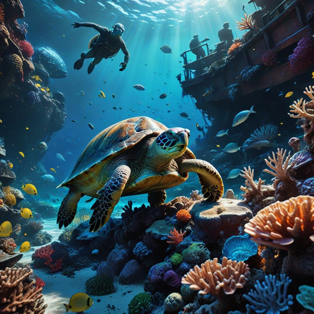 Turtle and Shipwreck Reef in Expressionist Style
