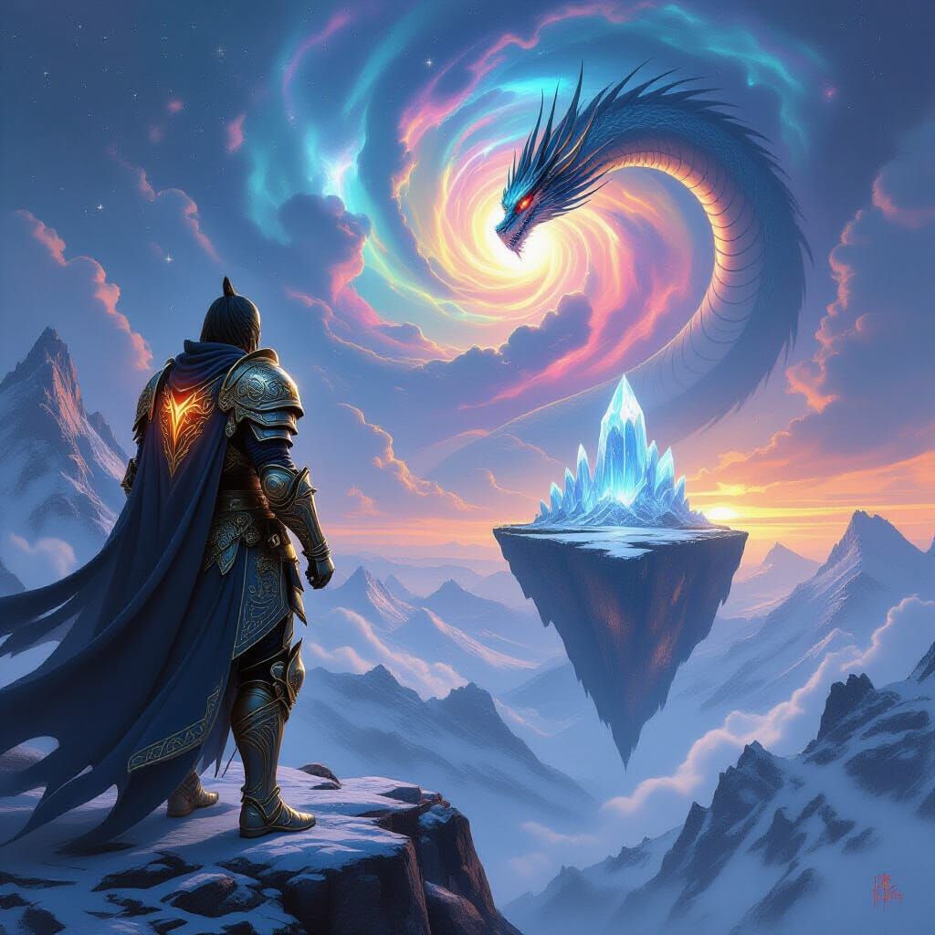 Knight Gazing at Nebula on Mountain Peak