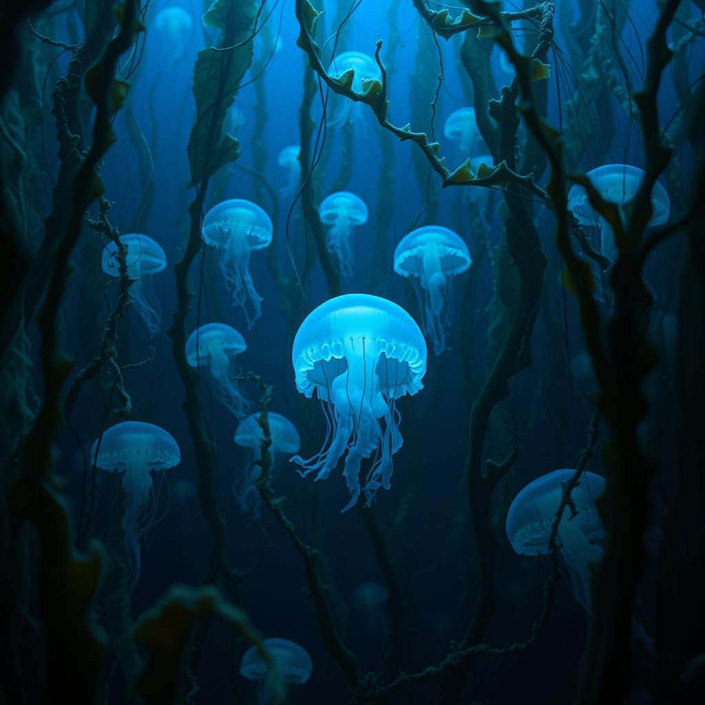 Bioluminescent Jellyfish in Deep Sea Kelp Forest