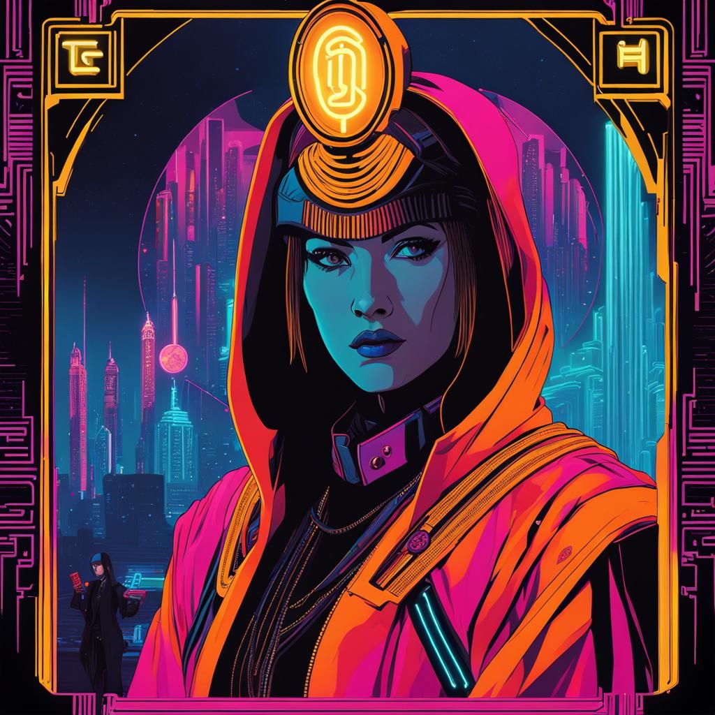 High Priestess Tarot Card in Cyberpunk Style