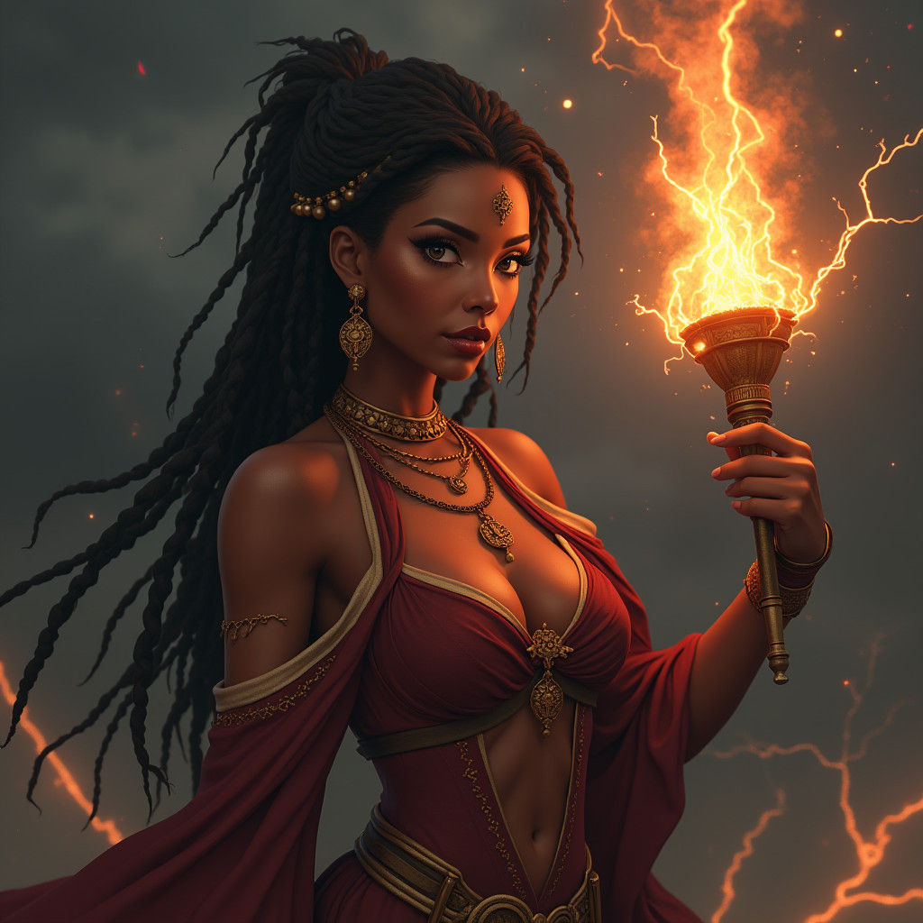 Powerful Woman with Torch and Lightning in Anime Style