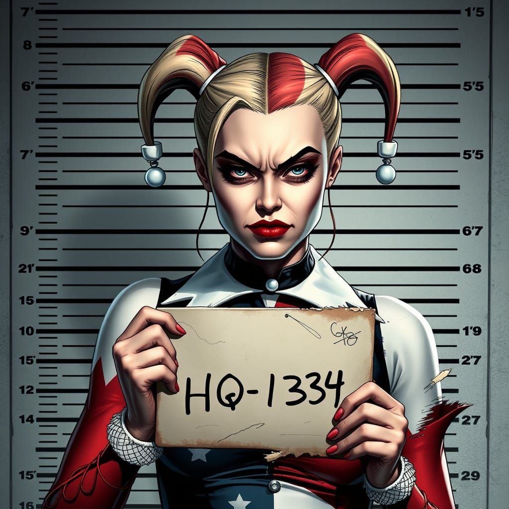 Gritty Mugshot of Harley Quinn in Disheveled Jester Costume