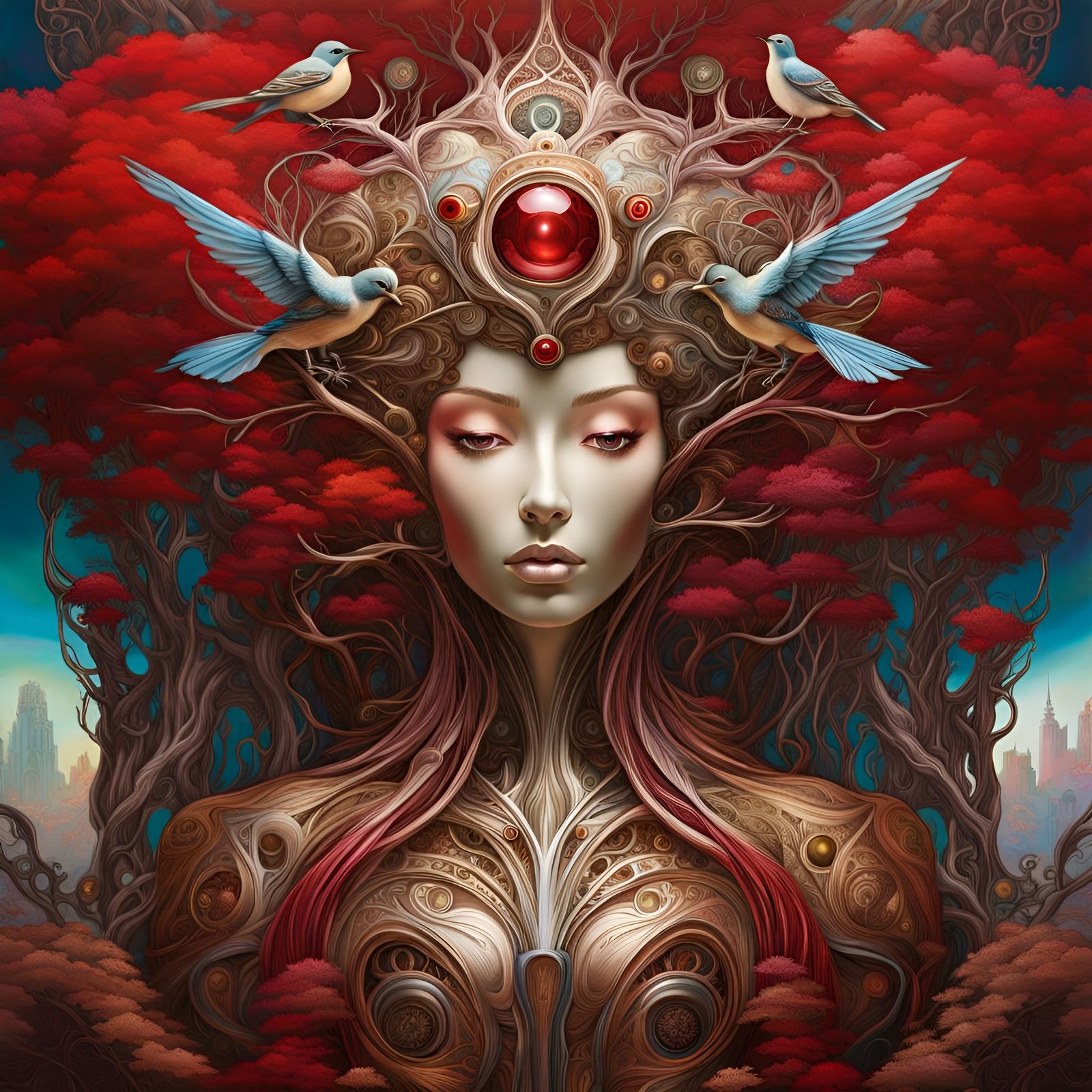 Robot Tree Nest with Chrome and Red Accents