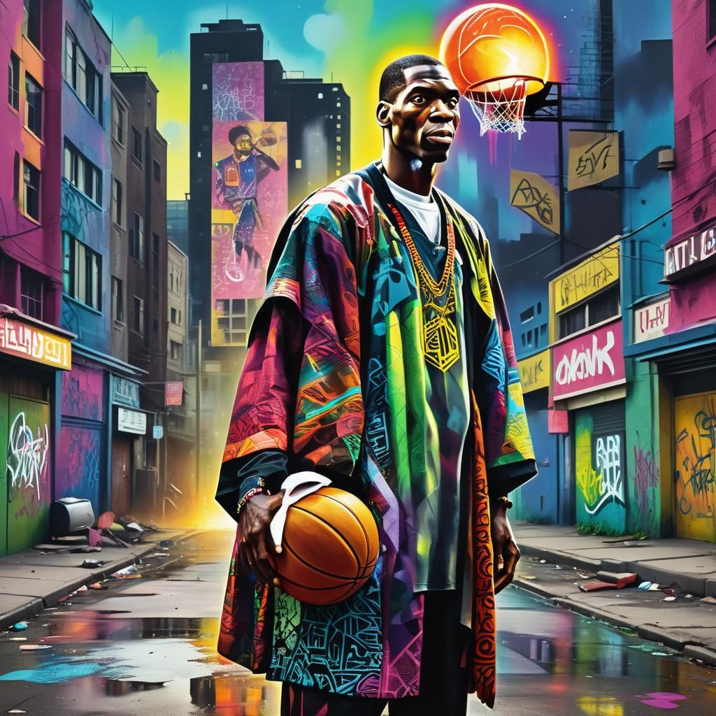 Dikembe Mutombo in Surreal Afrofuturist Graffiti Art