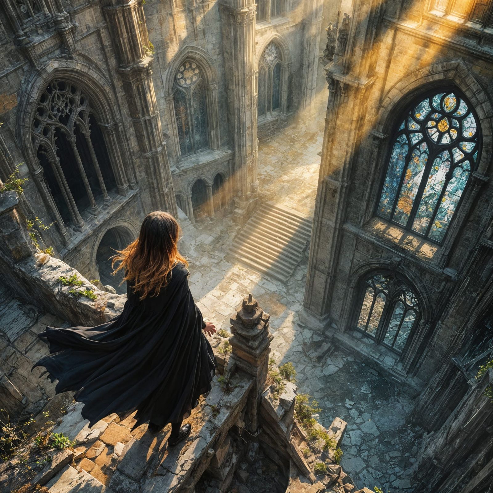Auburn Haired Witch on Devastated Temple, Fantasy Illustrati...