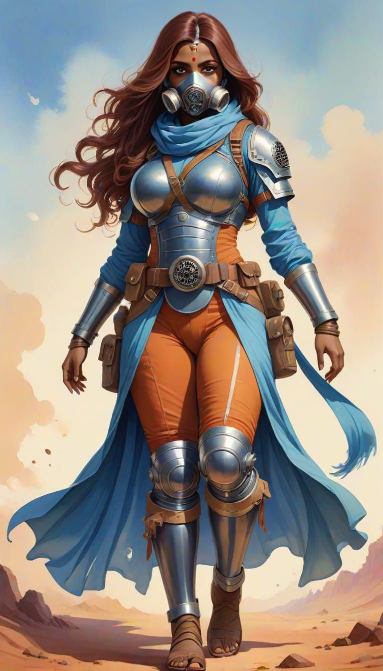 Gas mask, (T)

Long, rose brown hair and blue eyes, Sari blouse and Sari,