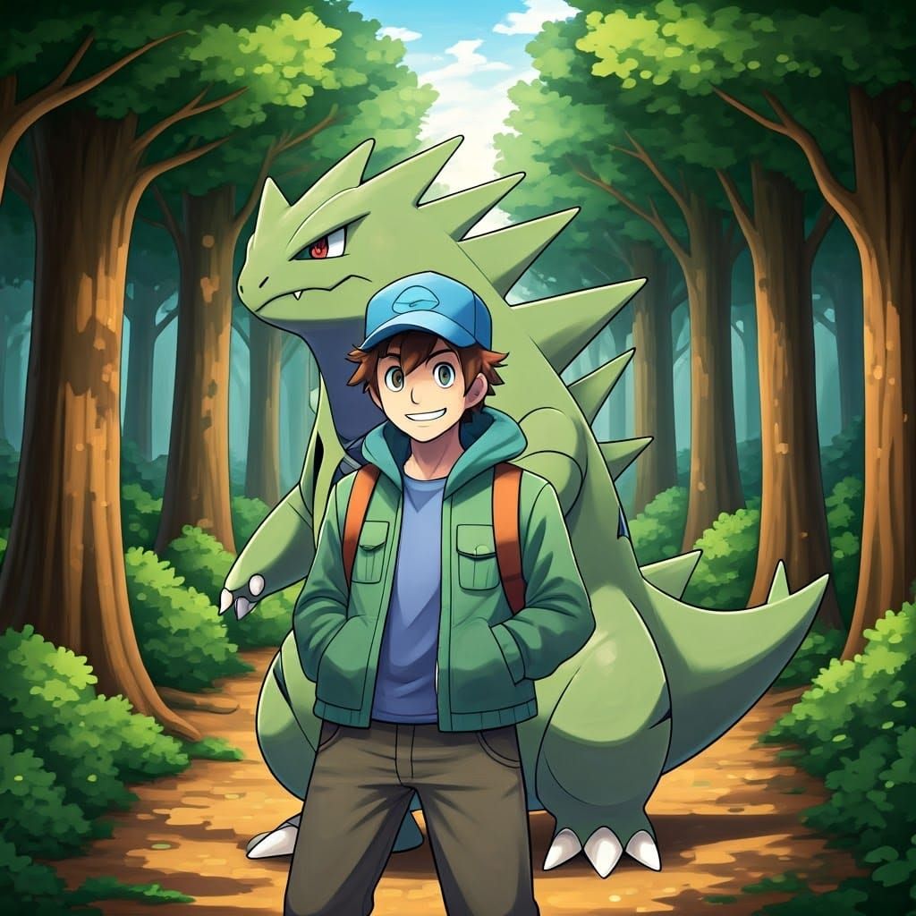 Trainer and Tyranitar in Forest, Loish and Askarak Style