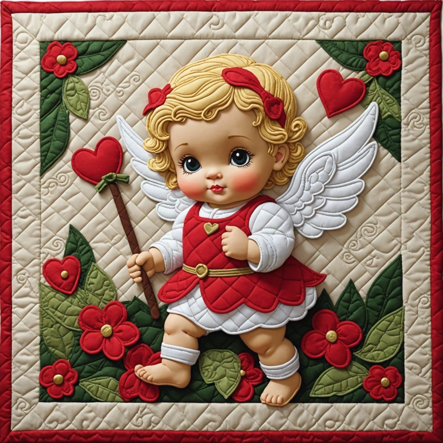 Quilted Fabric Art: Cute Cupid with Bow