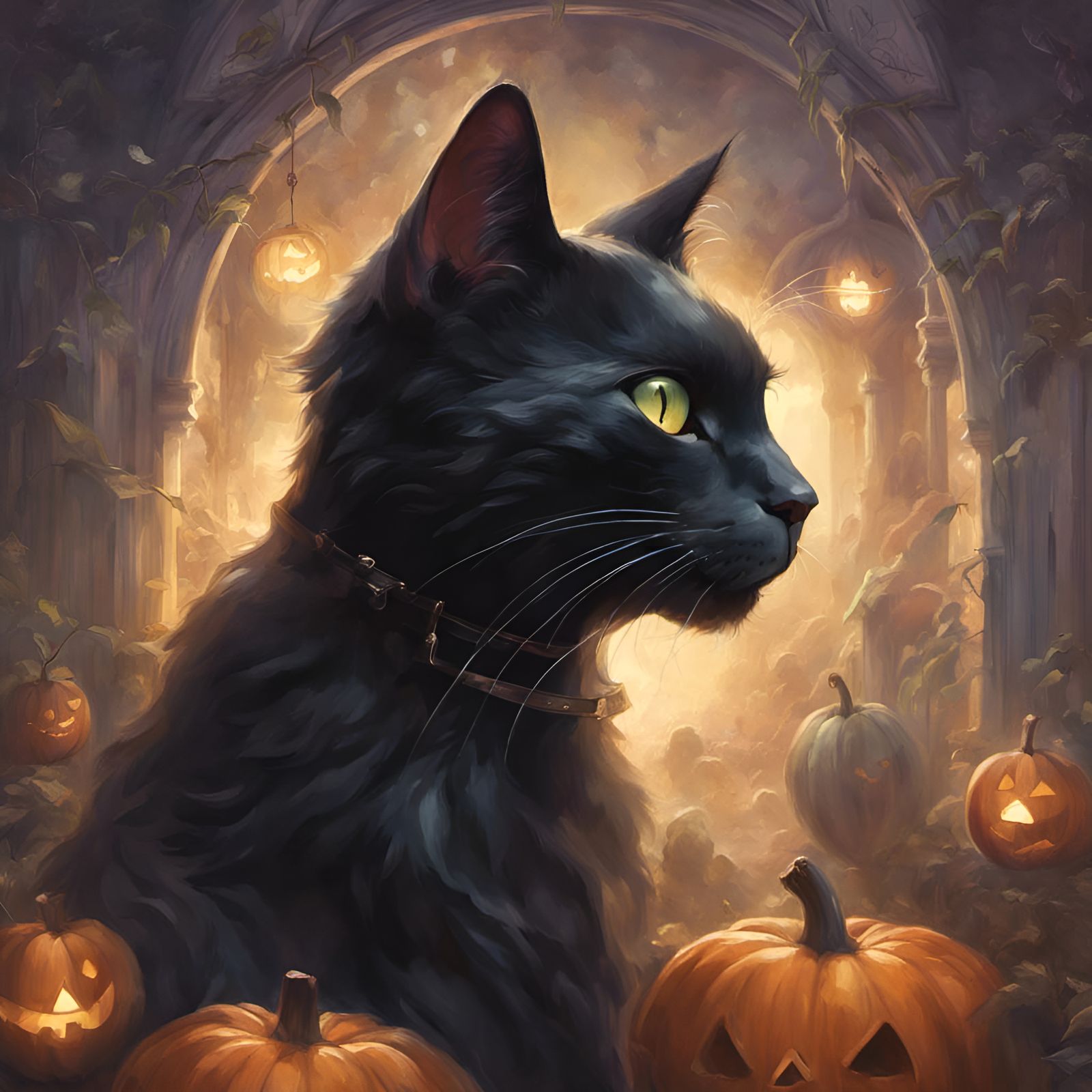 Halloween Black Cat Ethereal Portrait in Fantasy Art Style