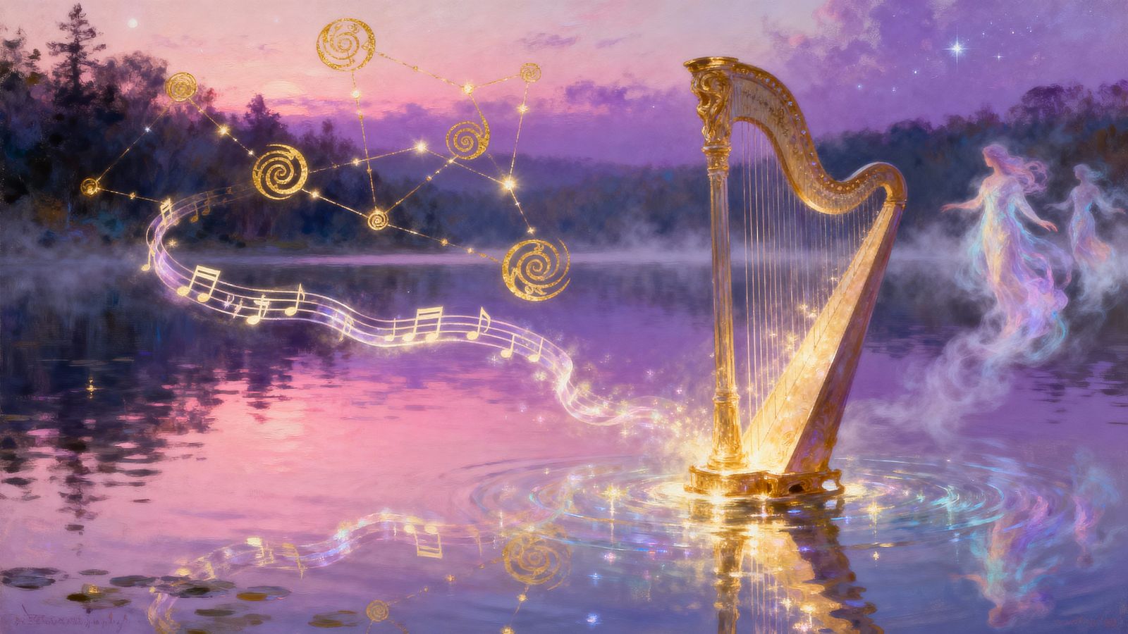 Surreal Twilight Dreamscape with Luminous Harp and Constella...