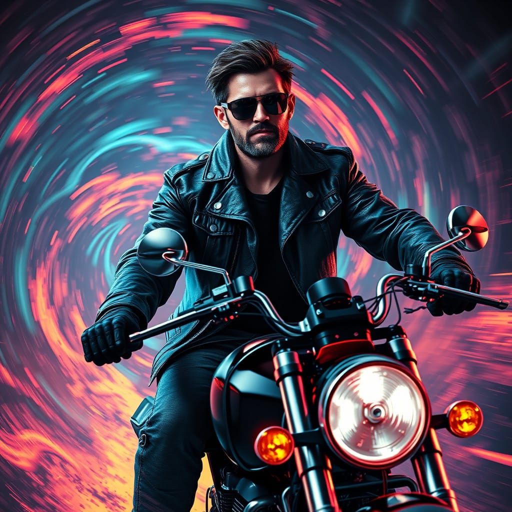 Rugged Biker Rides Amidst Neon Vortex in High-Contrast Style