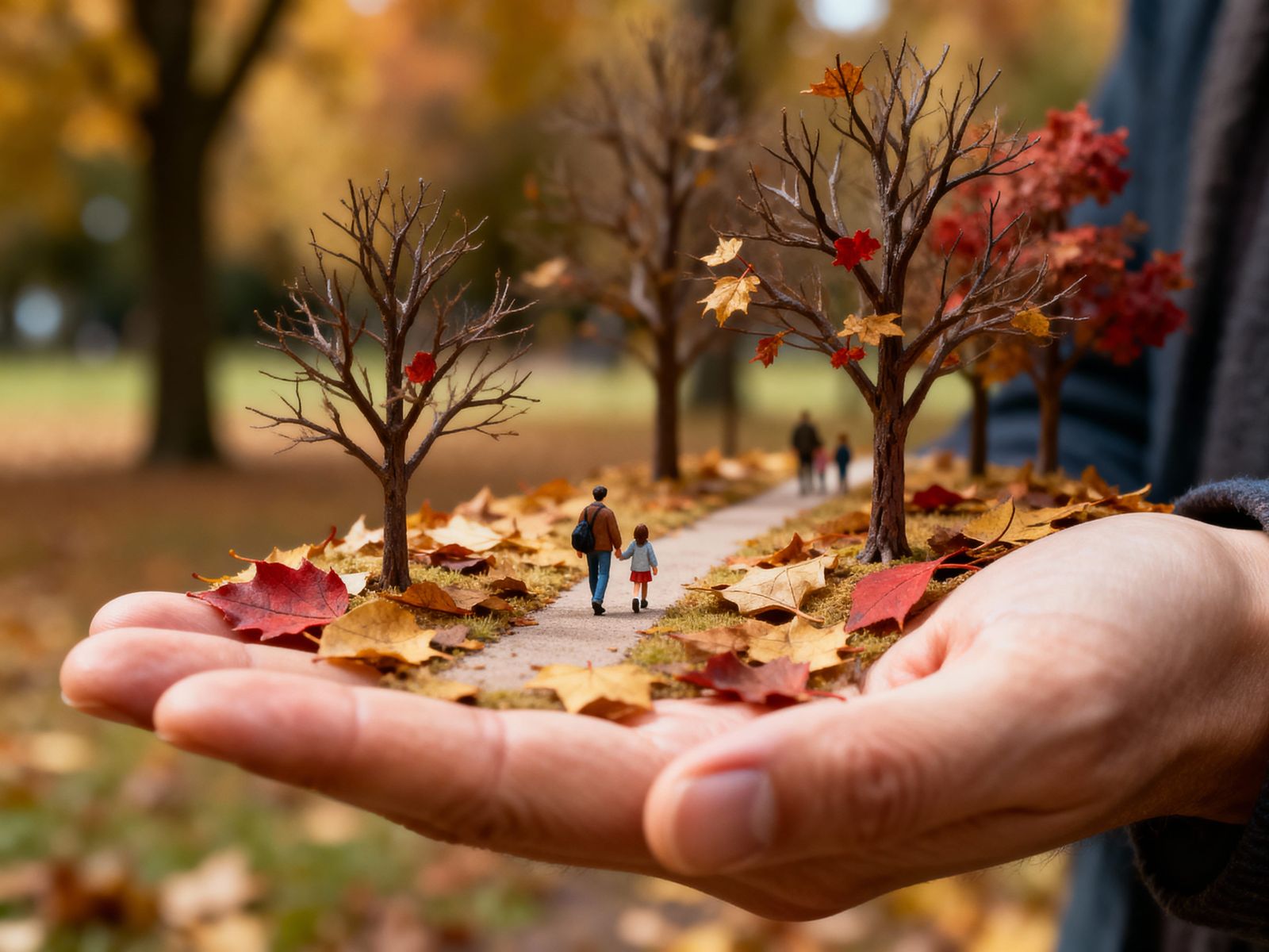 Surreal Miniature Autumn Scene Held in Hand