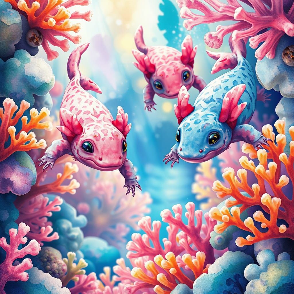 Axolotls. Background brightly colored coral