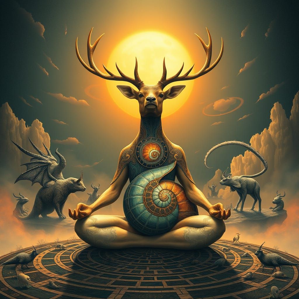 Mystical Deer Meditating in Surreal Sunset Labyrinth