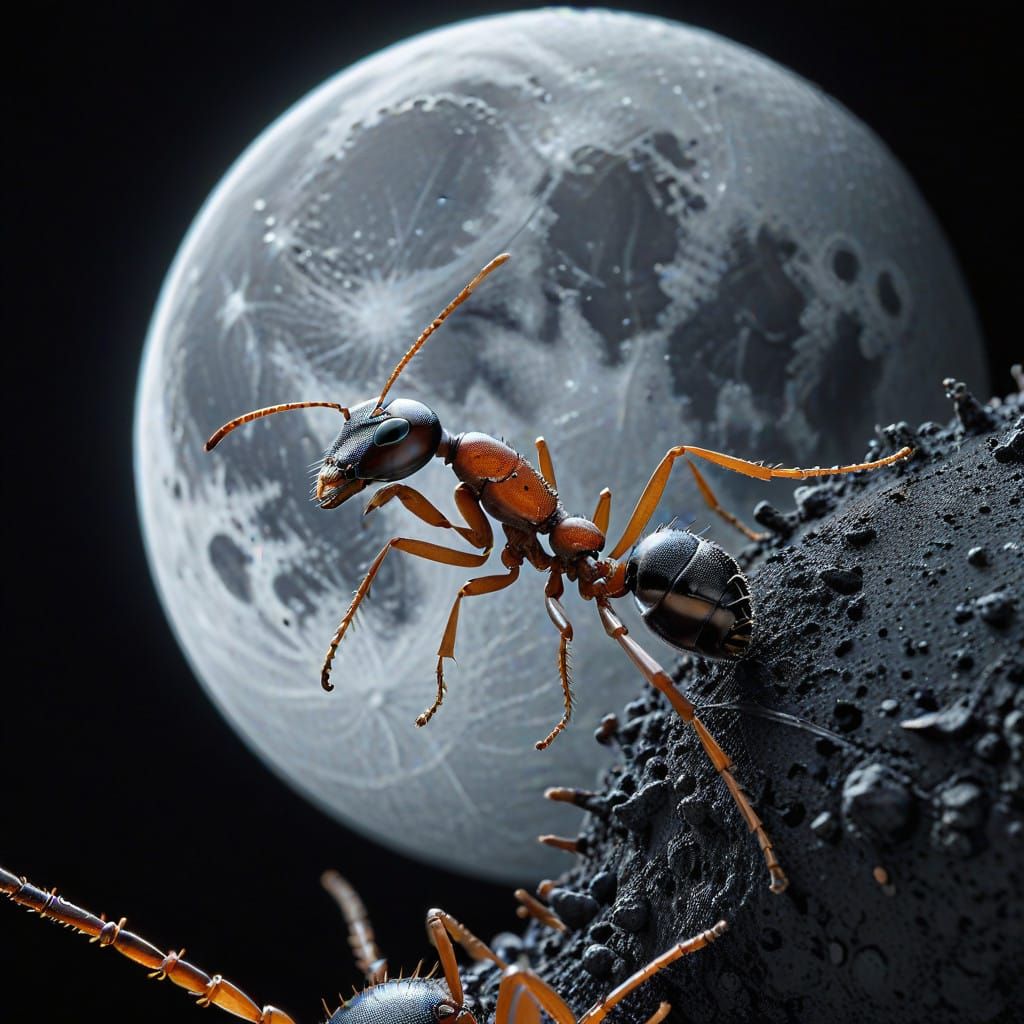 Realistic Ant Portrait with Lunar Companion
