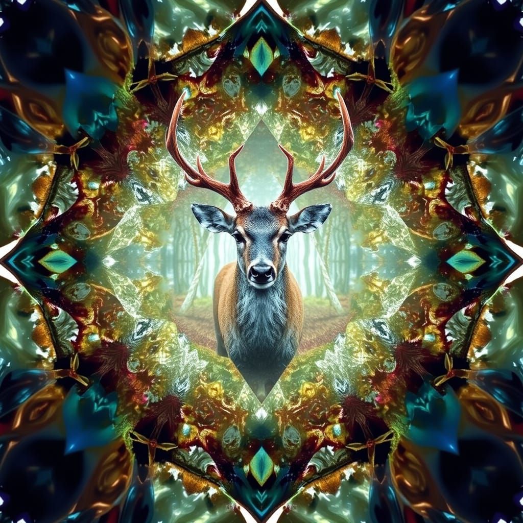 Kaleidoscopic Deer in Crystalline Forest