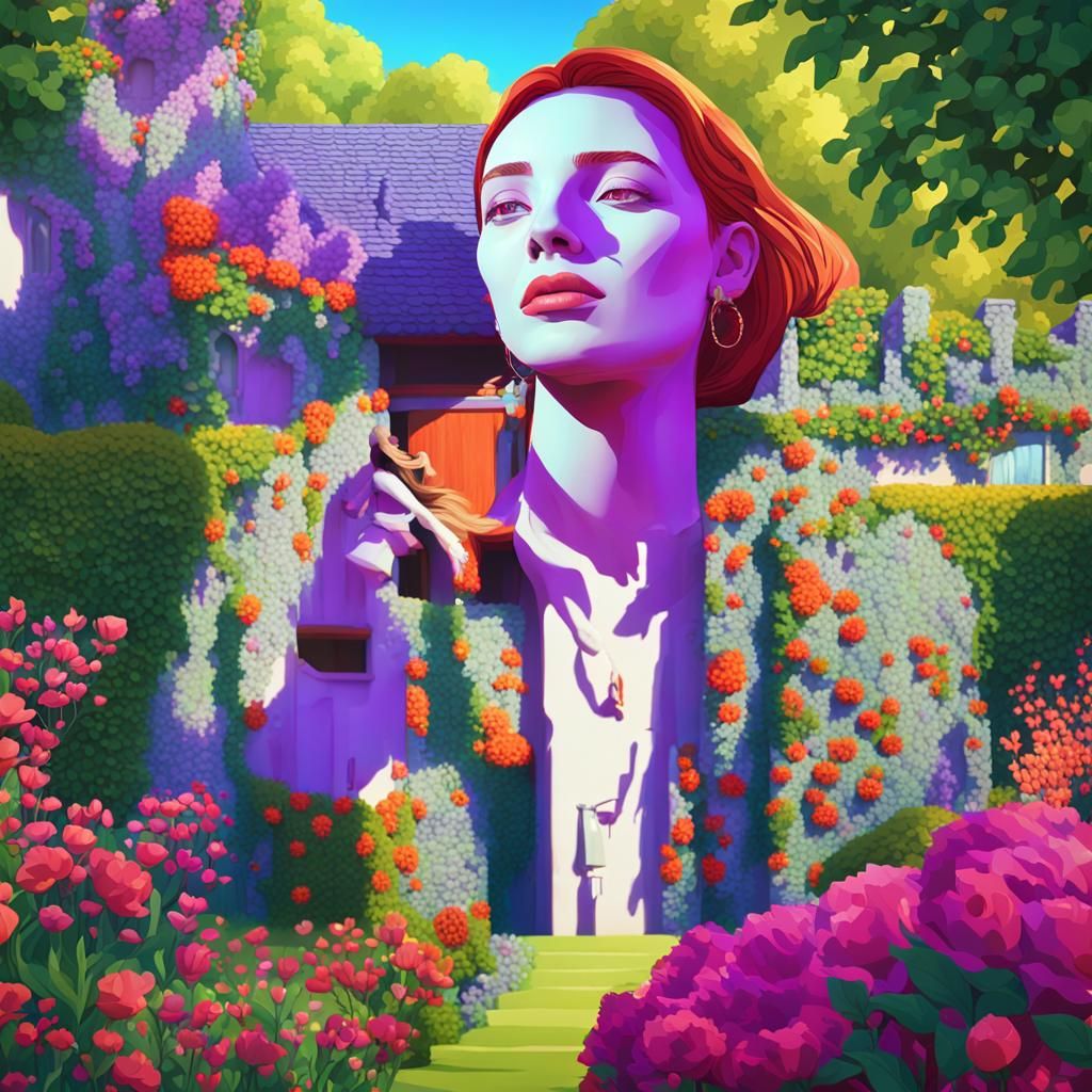 Lush Garden Fantasy House with Vibrant Flowers