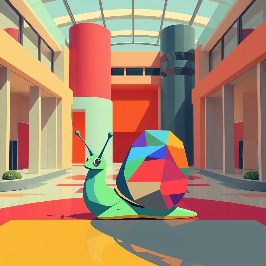 Geometric Snail Visits Bauhaus Museum in Screen Print Style