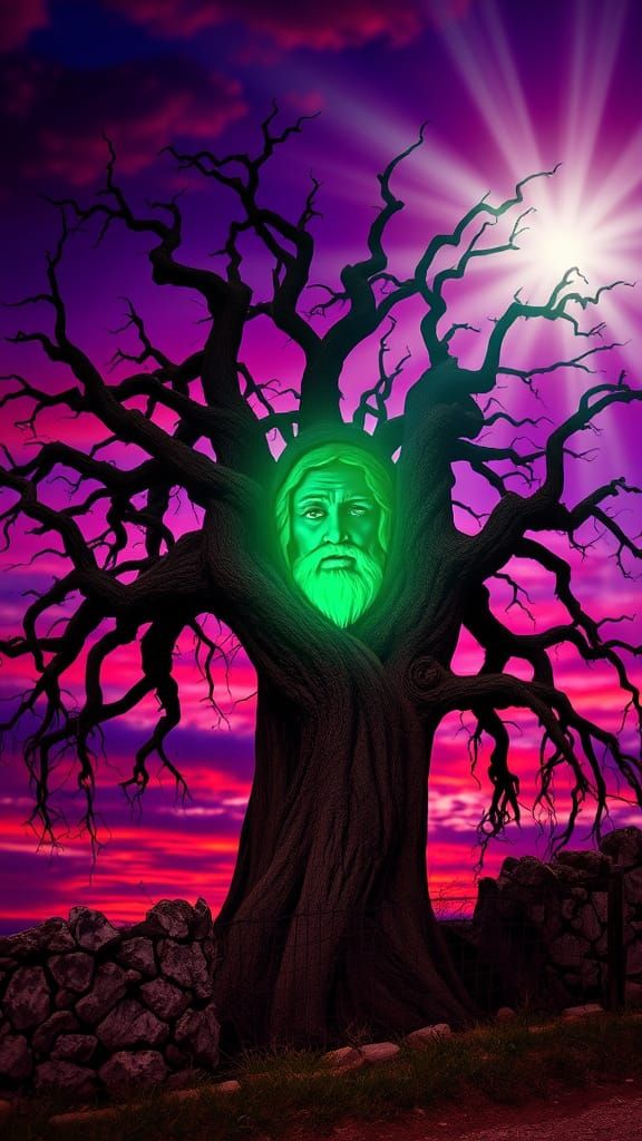 Ancient Judas Tree Silhouette Amidst Fiery Sunset