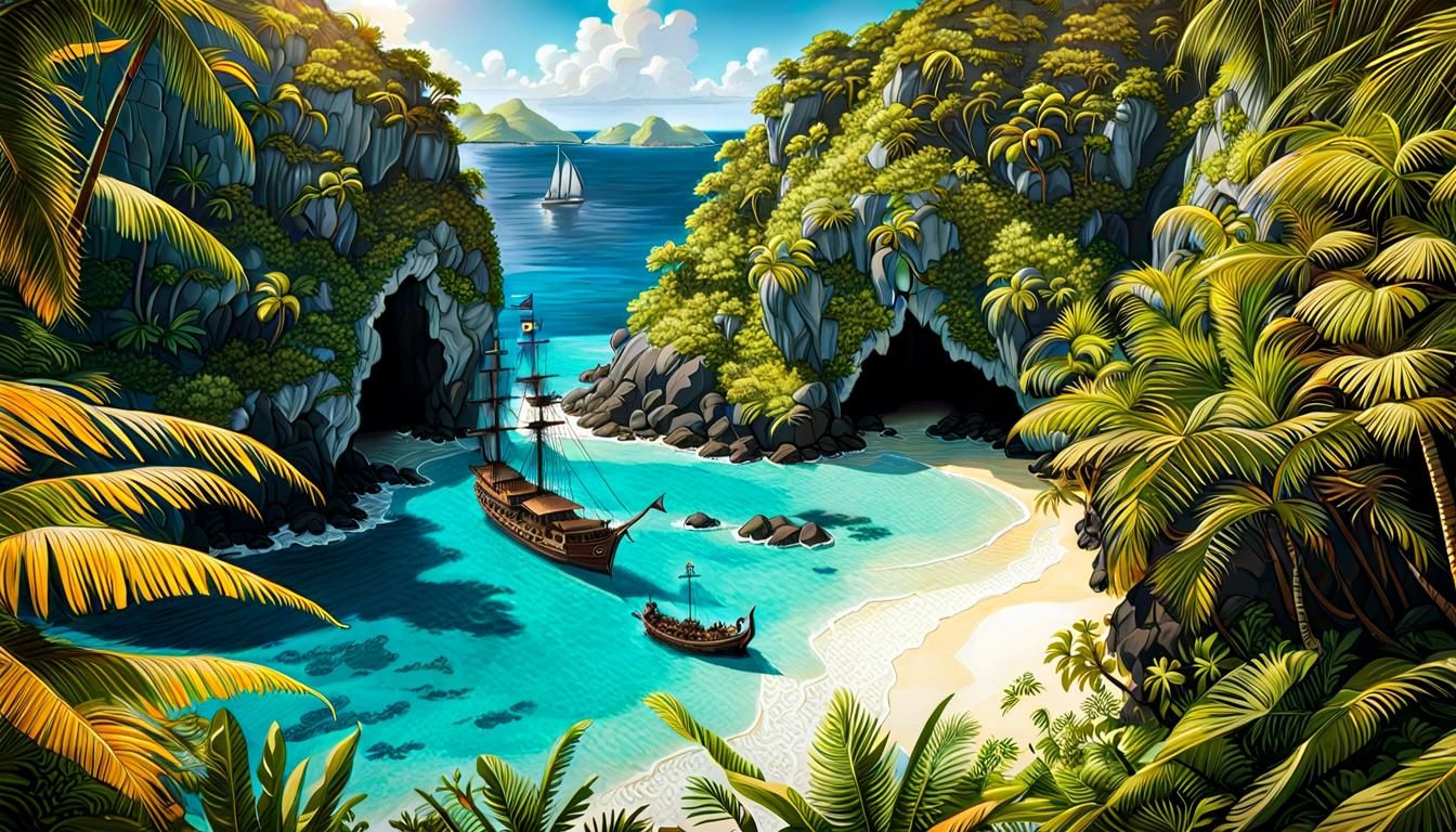 Pirate Cove with Hidden Treasure, Hyperrealistic Style