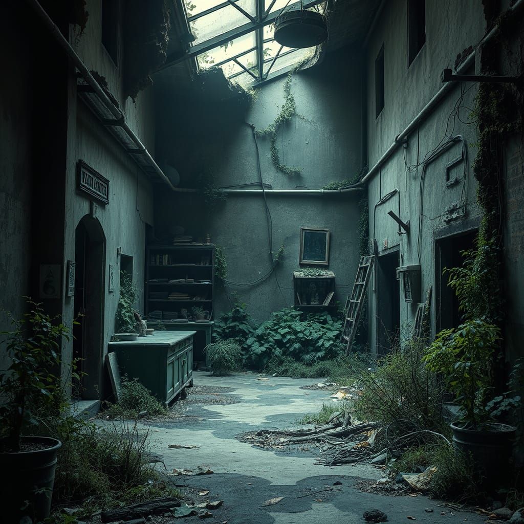 Mystical Ruined Shop in Eerie Dystopian Landscape