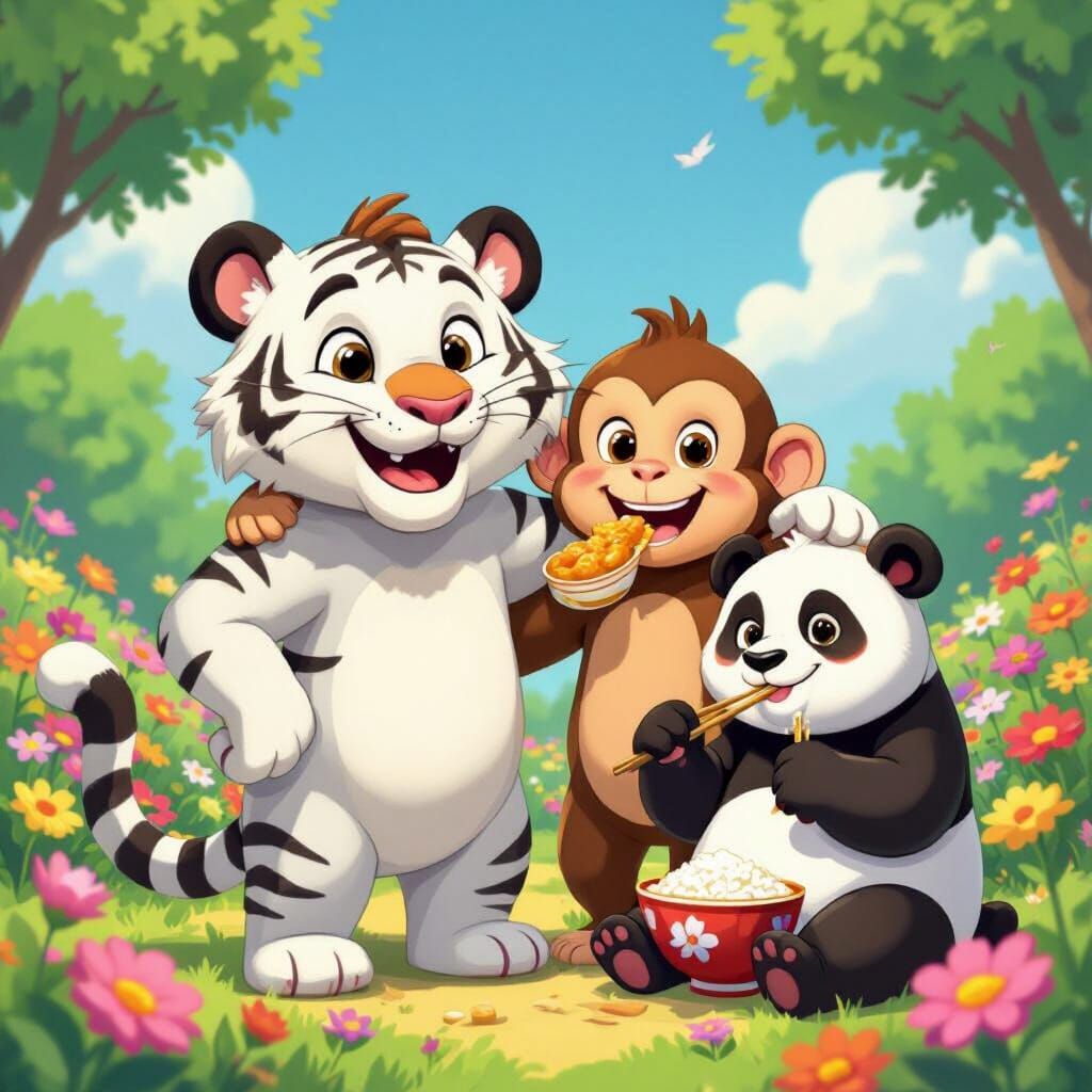 Cartoon Tiger, Monkey, and Panda Friends in Sunny Flower Lan...
