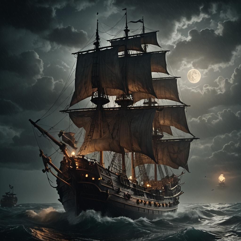 Menacing Pirate Ship Sails Stormy Seas: Cinematic Still