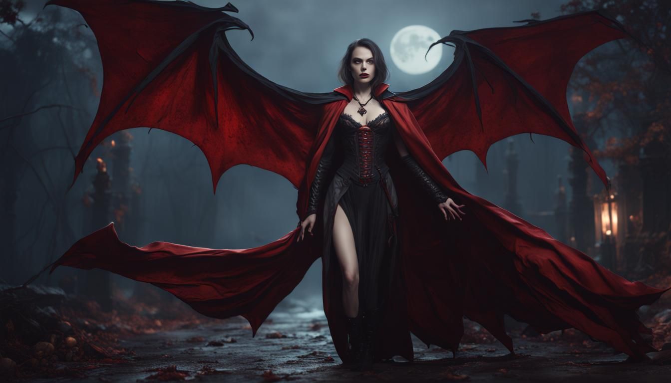 Female Vampire in Cape: Detailed Fantasy Art