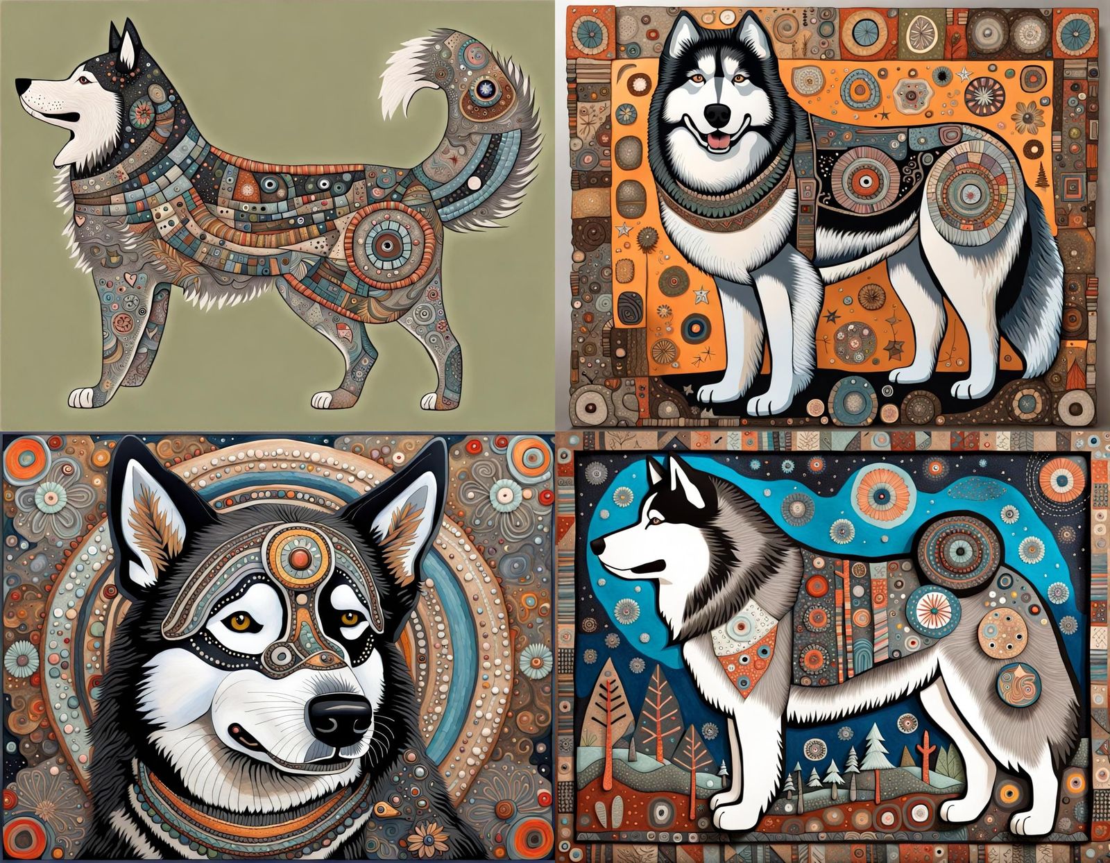 Whimsical Alaskan Malamute Portrait in Naive Art Style