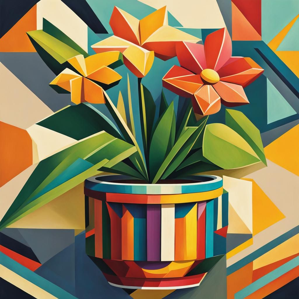 Cubist Color Pencil Potted Flower Art