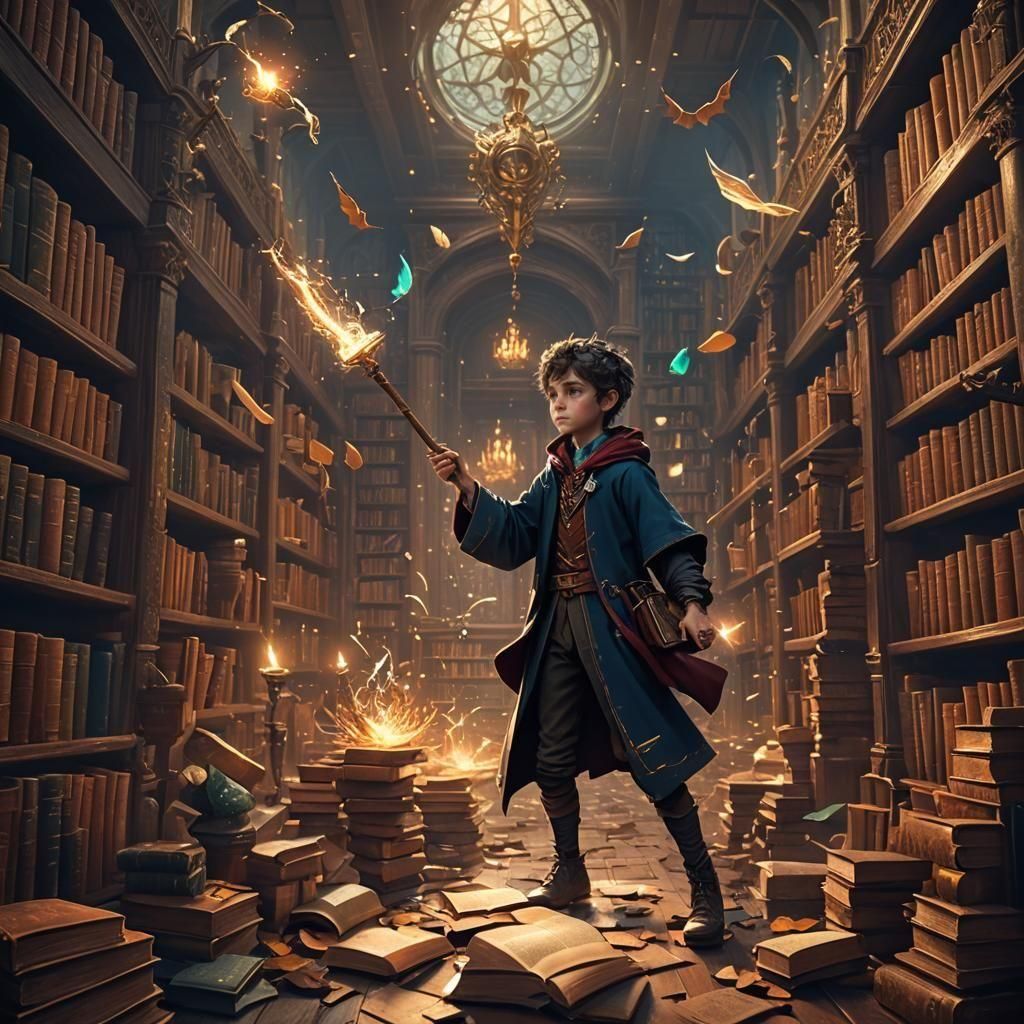 Magical Library with Falling Books and Warlock Boy