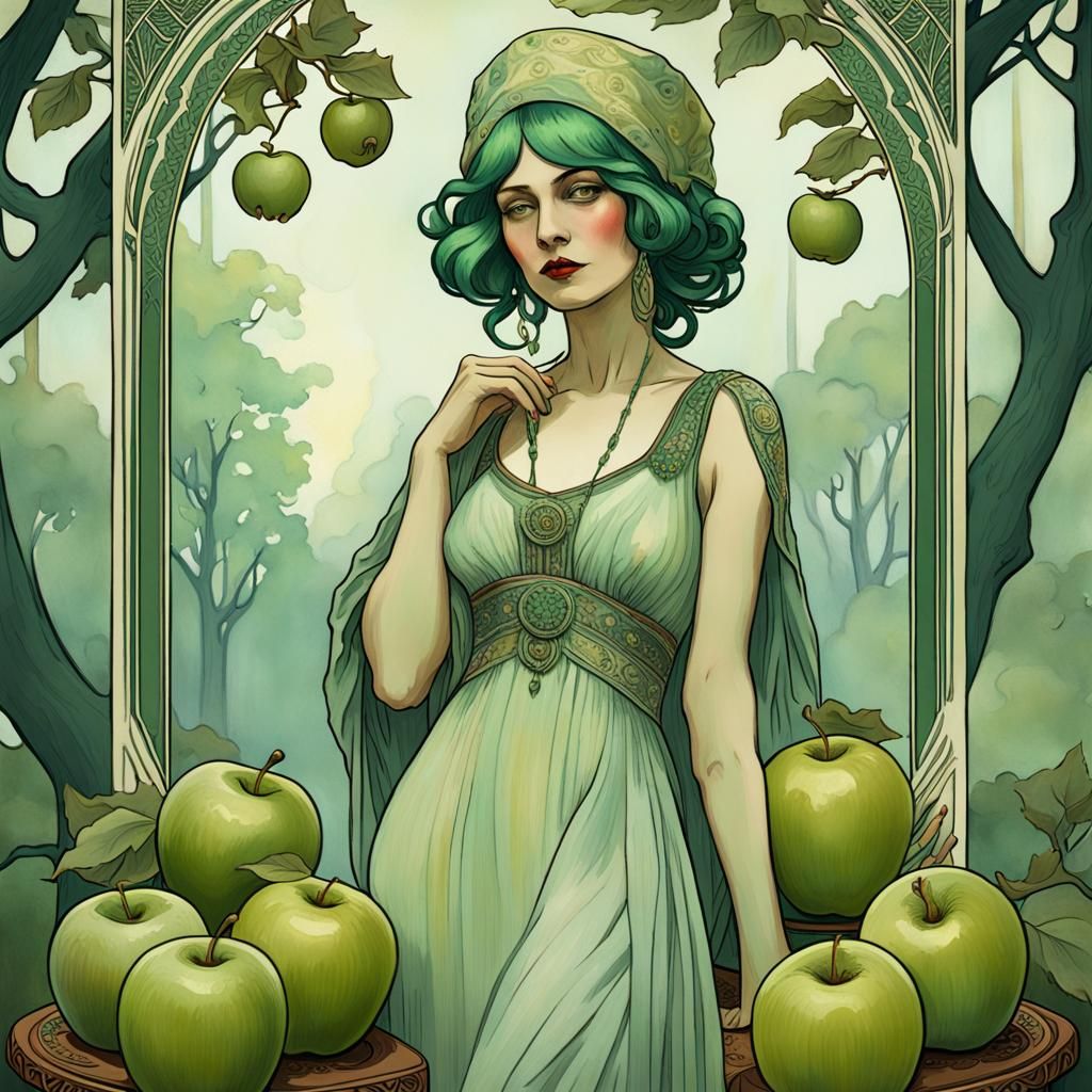 Art Deco Woman with Green Apples, Alfons Mucha Style