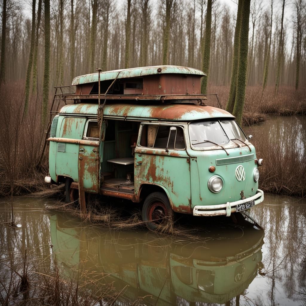 Post-Apocalyptic 1964 VW Bus Caravan in Swamp