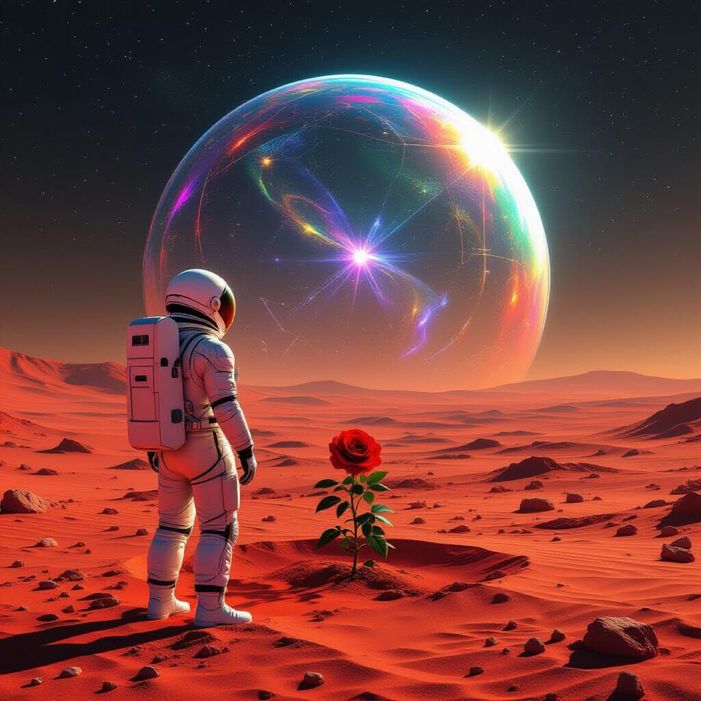 Astronaut Finds Rose Oasis on Mars in Cinematic Concept Art