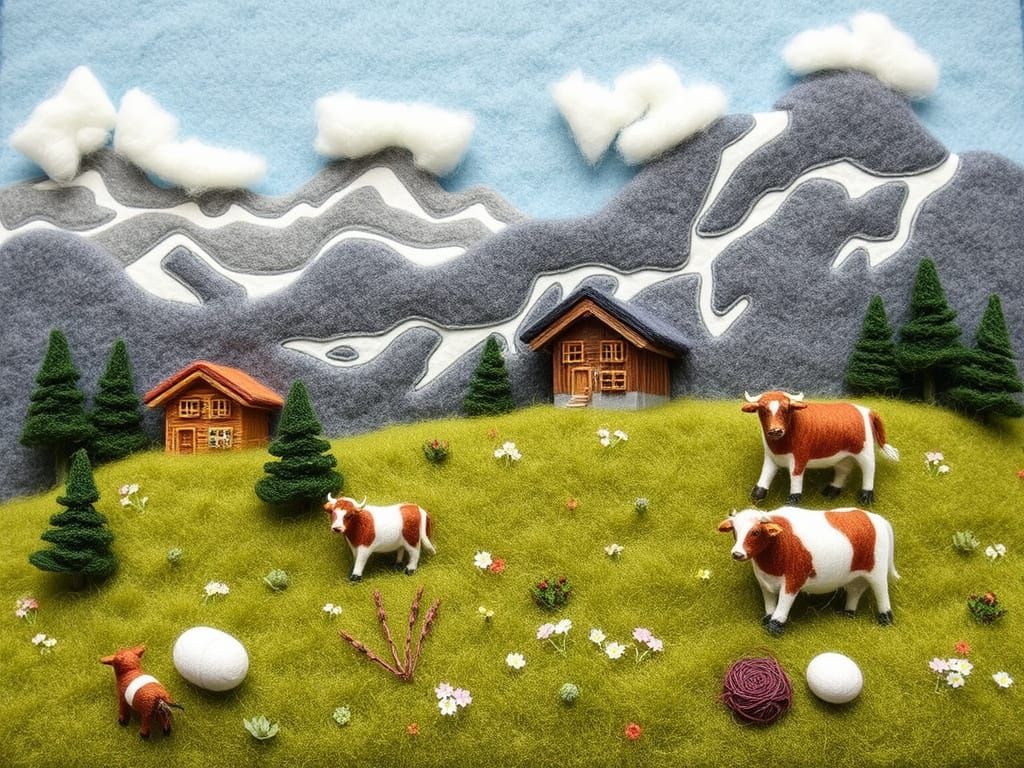 Felted Woollen Alpine Landscape with Cows