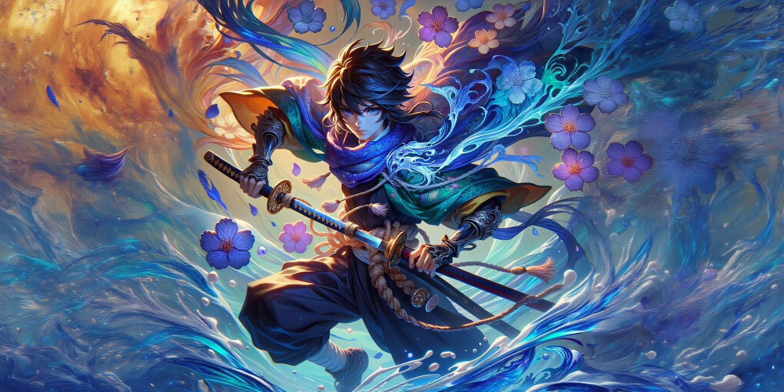 Anime Swordsman in Dynamic Water Breathing Pose